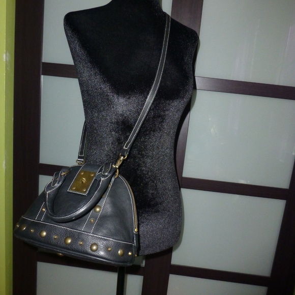 Le Solim Studded Black Leather Satchel - Picture 3 of 7